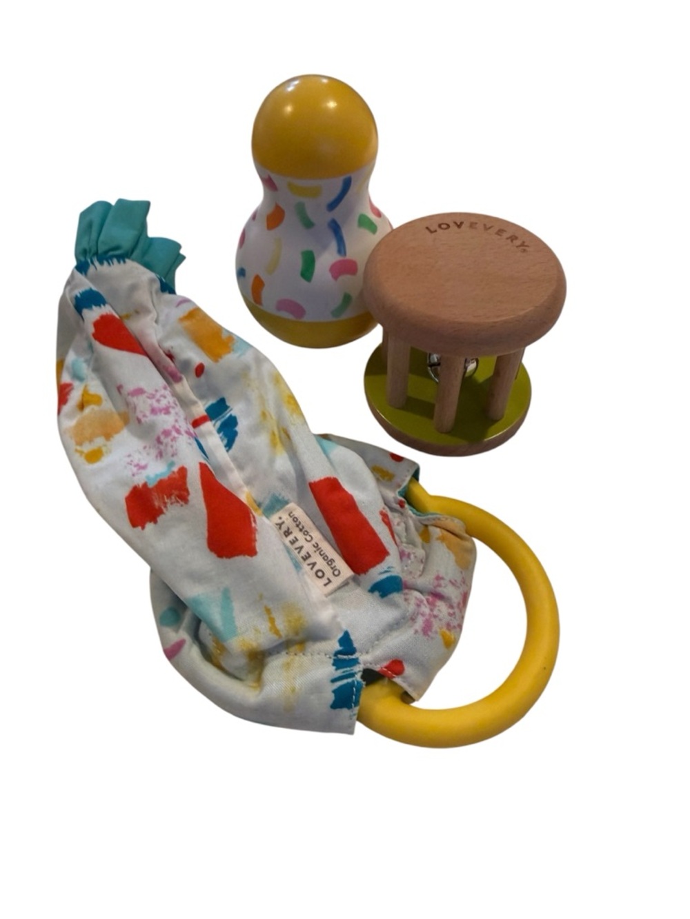 Lovevery 3 toy bundle: tummy time wobbler, sensory pouch, wooden rolling bell